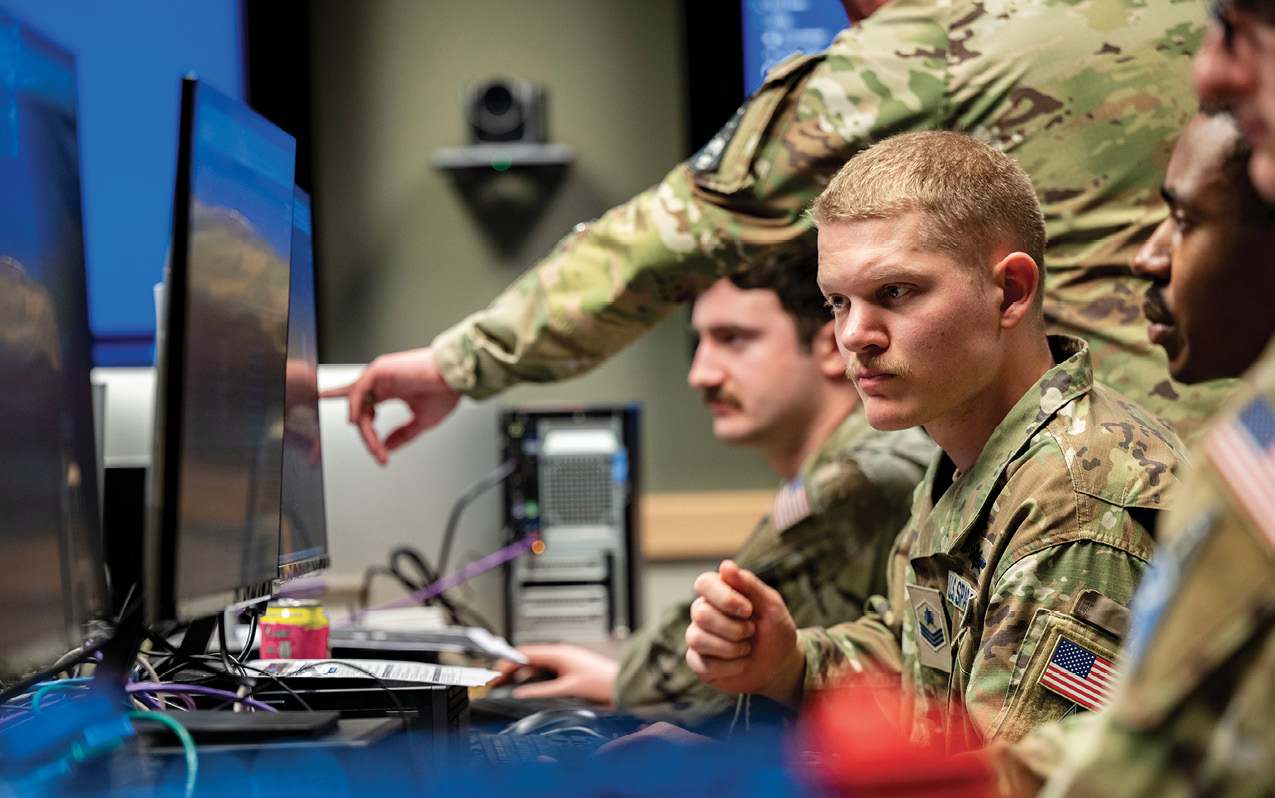 Space Force Guardians participate in Moonlight Defender, designed to focus on refining defensive and offensive skill sets of Cyber Guardians,centered around Moonlighter imaging satellite, in Colorado Springs, Colorado, November 15, 2023 (U.S. Air Force/Charles Rivezzo)